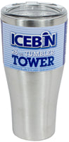 ICEBIN 26 OUNCE HIGH-PERFORMANCE TUMBLER. MADE OF STAINLESS STEEL WITH A CLEAR PLASTIC LID